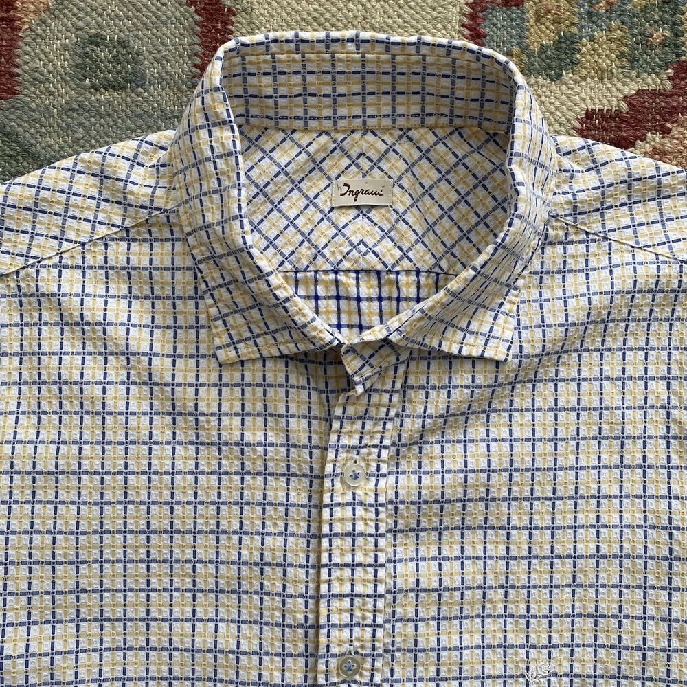 Ingram Seersucker Shirt XL Blue Yellow Plaid Cotton Button Front